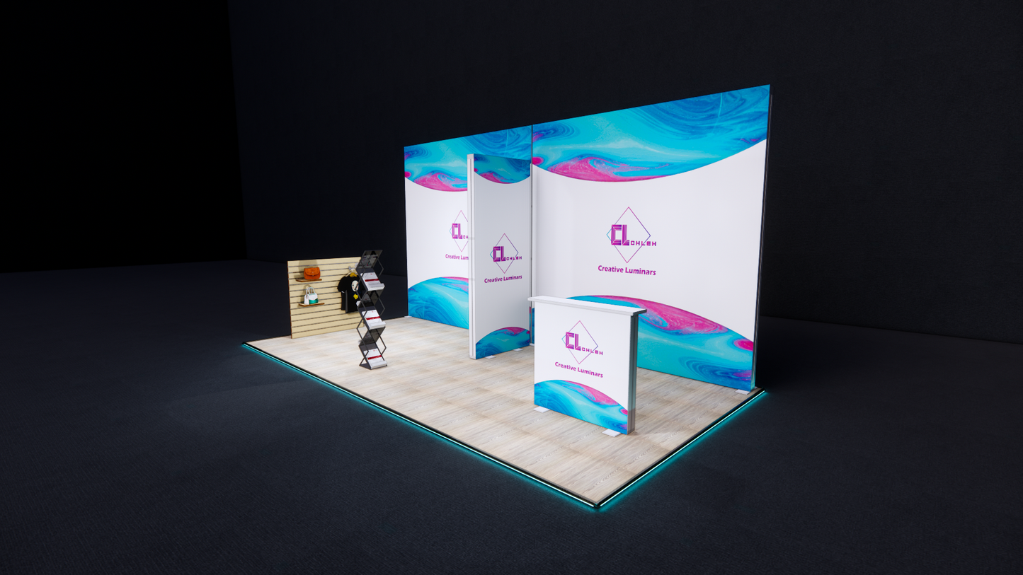 10x20 Custom Inline Design Booth with Lightweight Aluminum Frame SEG Wall and Product Display Cabinet