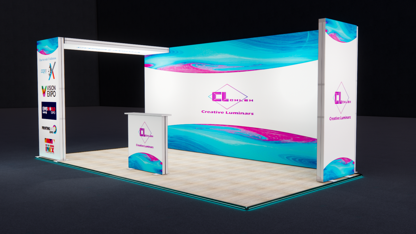 10x20 Custom L Shape Arch Design Booth with Free Standing Lightbox