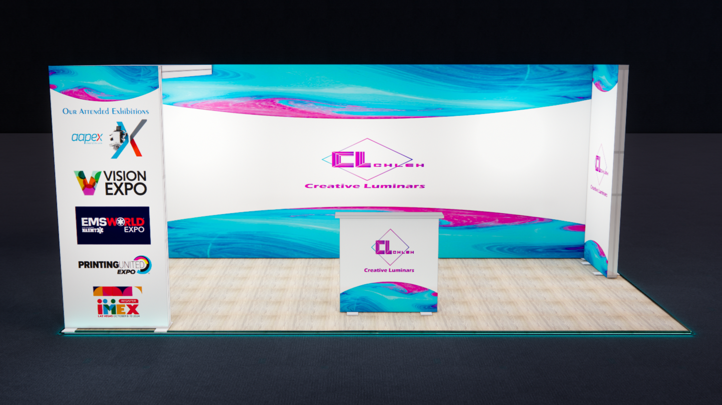 10x20 Custom L Shape Arch Design Booth with Free Standing Lightbox