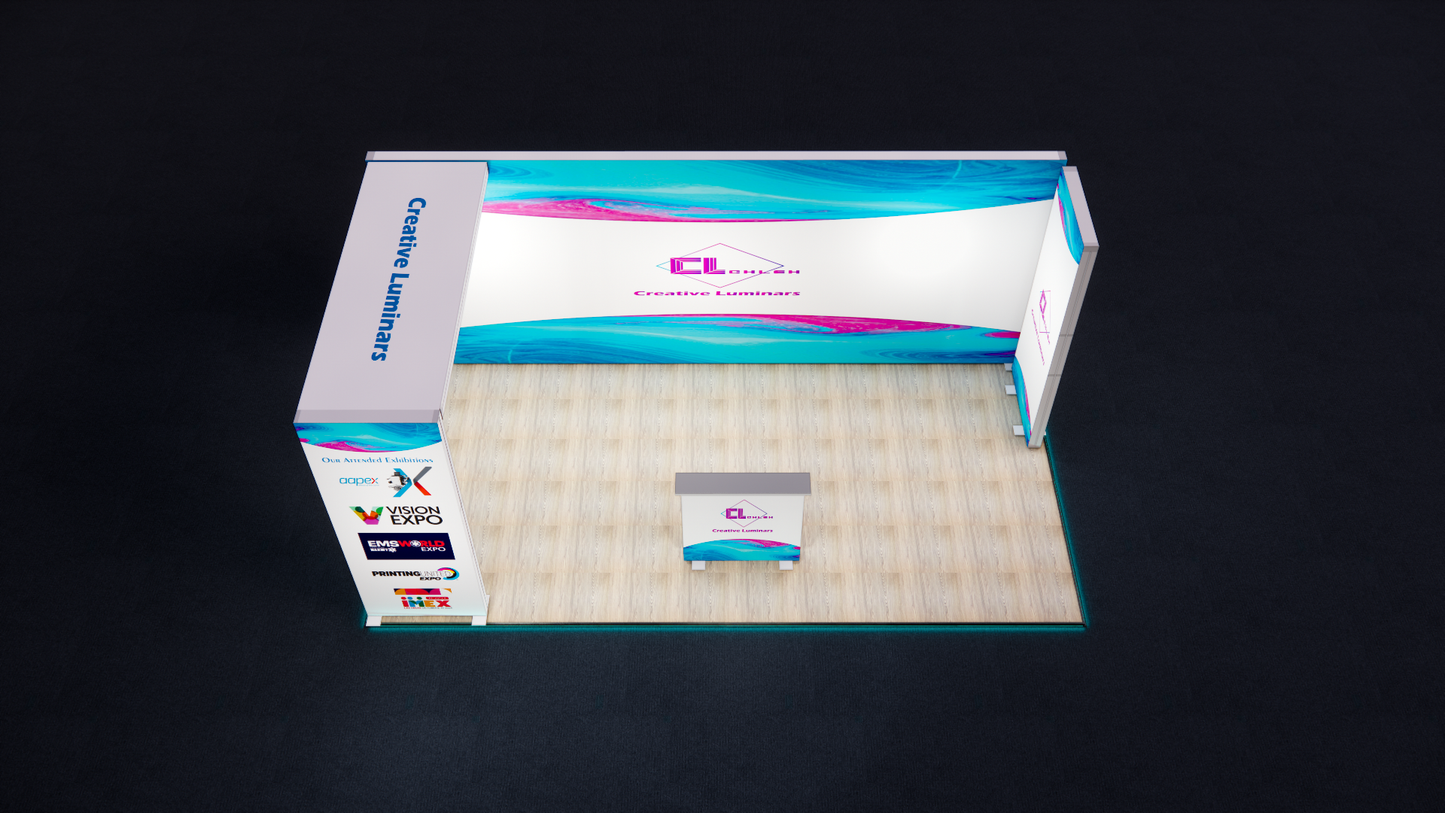 10x20 Custom L Shape Arch Design Booth with Free Standing Lightbox