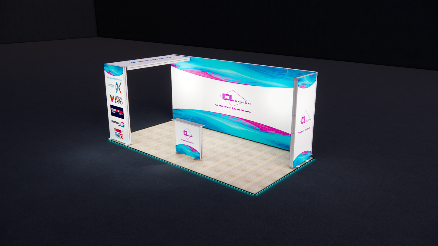 10x20 Custom L Shape Arch Design Booth with Free Standing Lightbox