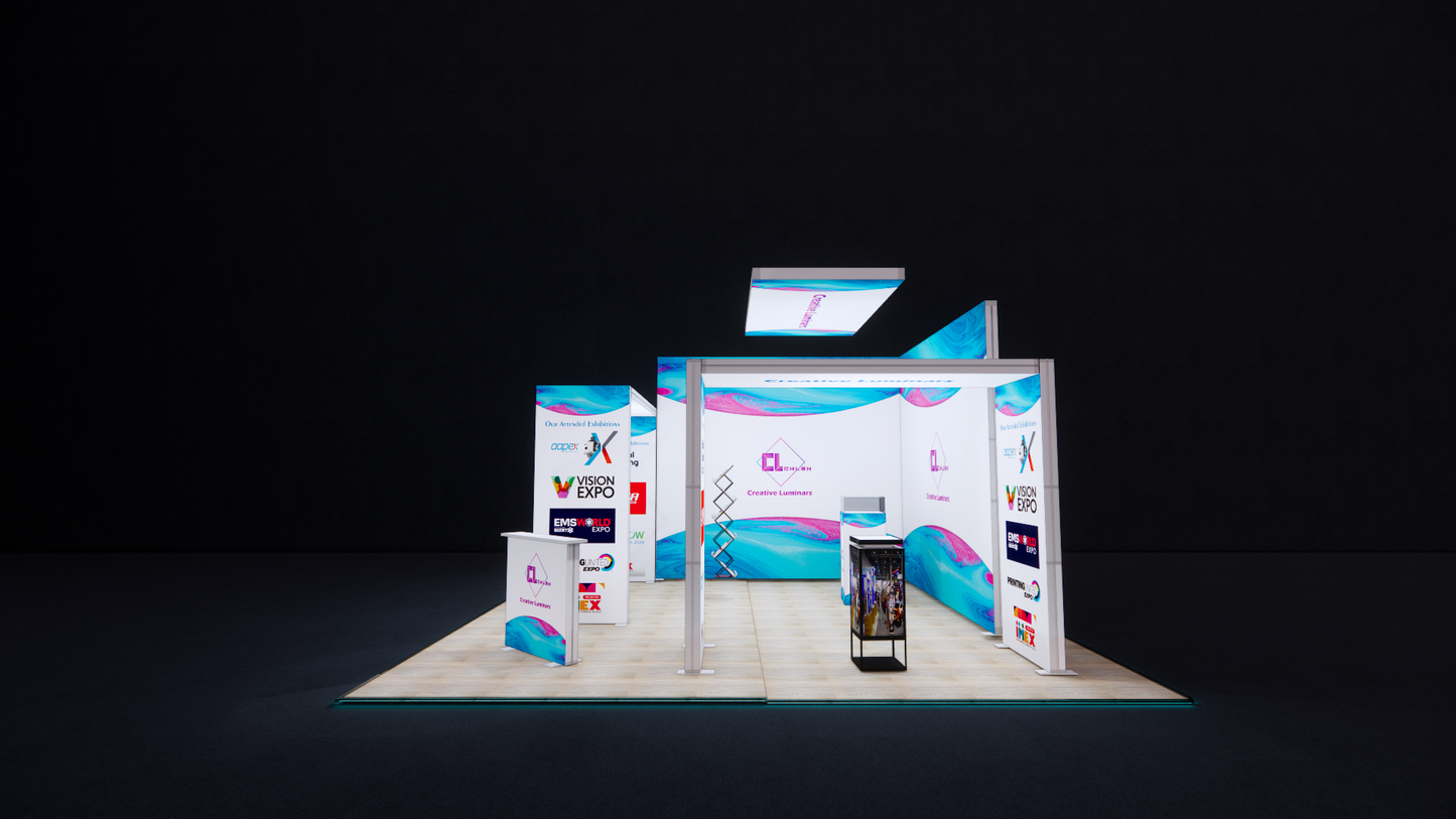 20x20 Custom Hybrid Modular Design Booth With Trade Show Illuminated Wall System and LED Arch Signage