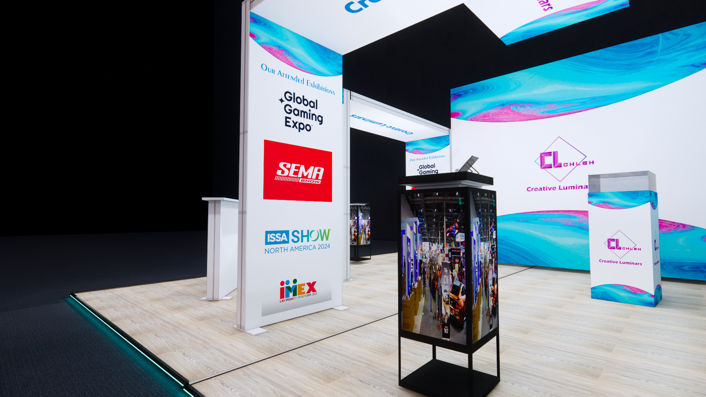 20x20 Custom Hybrid Modular Design Booth With Trade Show Illuminated Wall System and LED Arch Signage