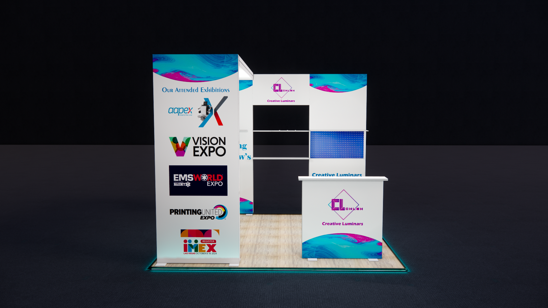 10x10 Inline Type Custom Design Booth with Light-up Arch and LED Lightbox Counter