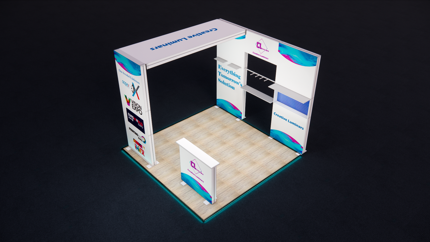 10x10 Inline Type Custom Design Booth with Light-up Arch and LED Lightbox Counter