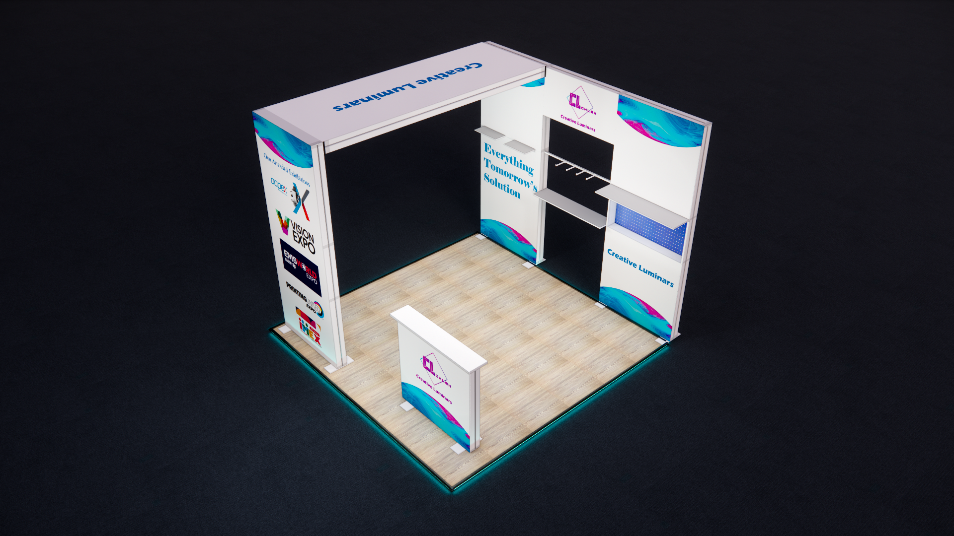 10x10 Inline Type Custom Design Booth with Light-up Arch and LED Lightbox Counter