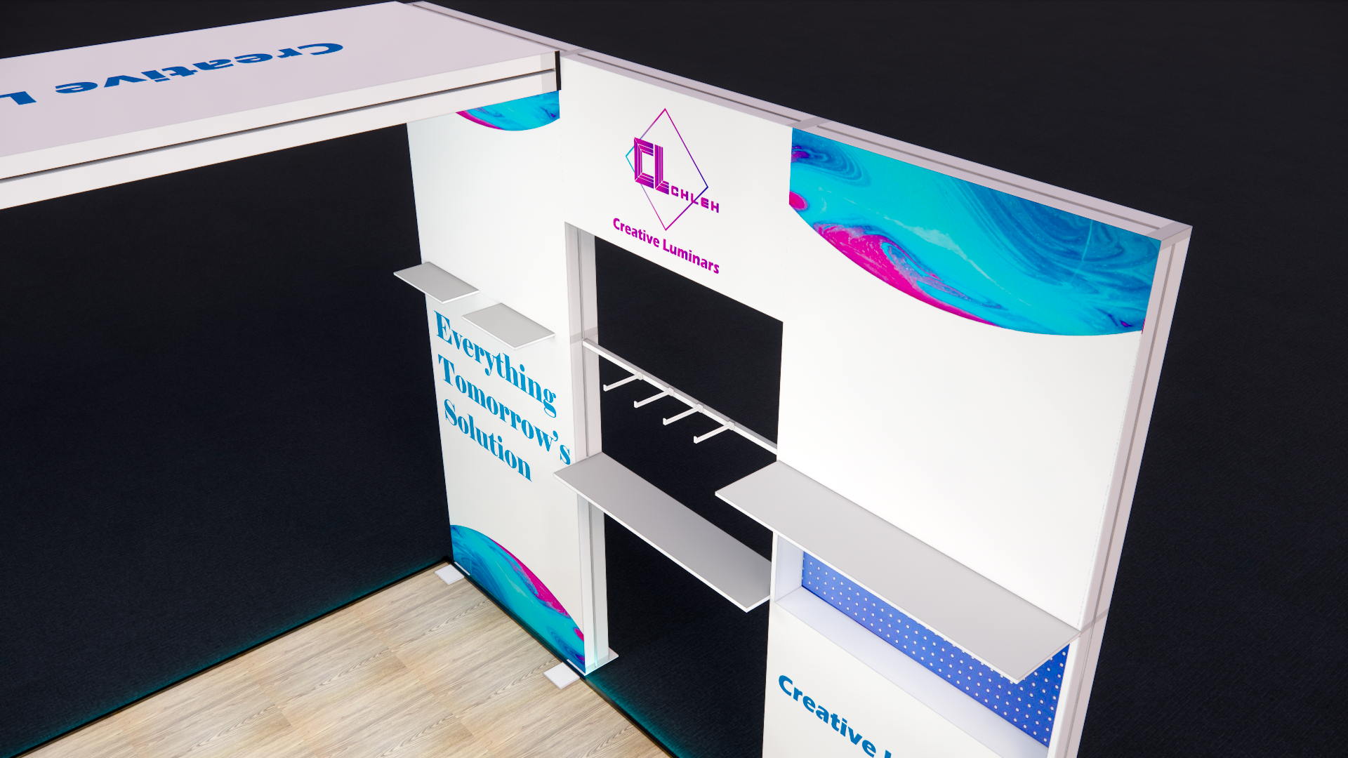 10x10 Inline Type Custom Design Booth with Light-up Arch and LED Lightbox Counter