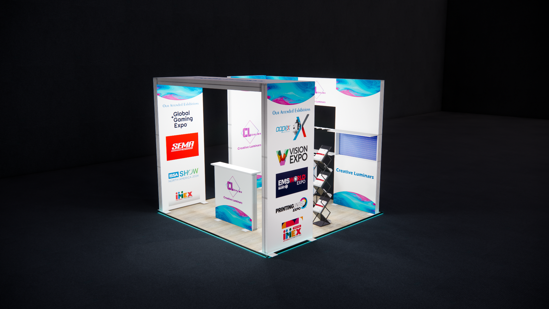 10x10 custom Linear design Booth with SEG Backlit Wall and Freestanding Backlit Arch