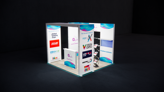 10x10 custom Linear design Booth with SEG Backlit Wall and Freestanding Backlit Arch