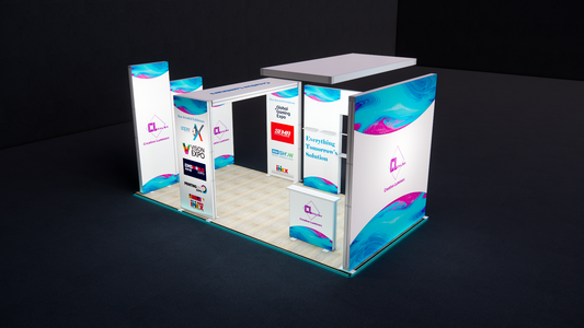 10x20 Custom Hybrid Design Booth with Hanging Illuminated Signage and LED Arch Display
