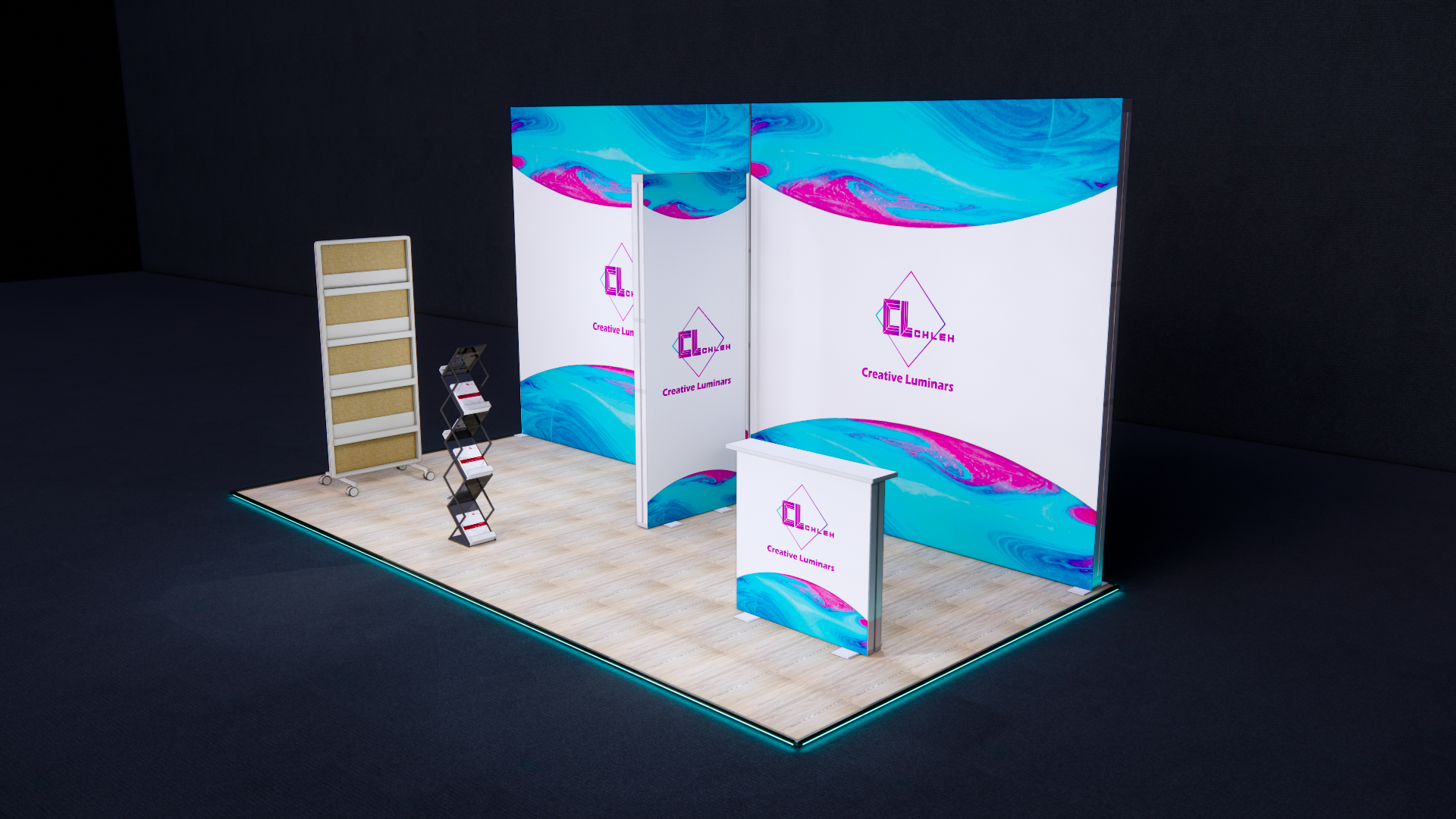 10x20 Custom Inline Design Booth with Lightweight Aluminum Frame SEG Wall and Product Display Cabinet