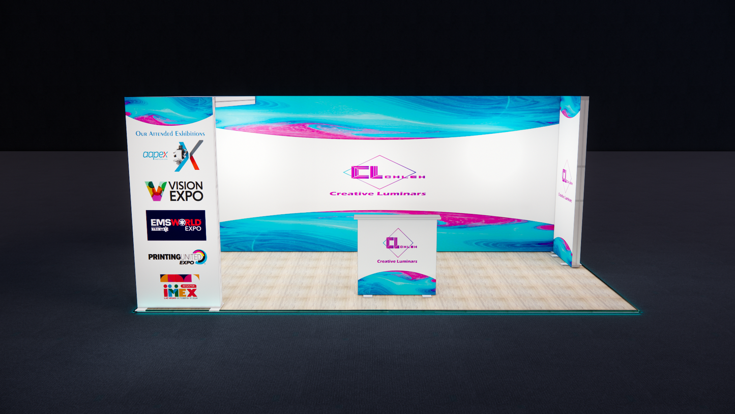 10x20 Custom L Shape Arch Design Booth with Free Standing Lightbox
