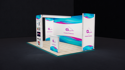 10x20 Custom Peninsula Arch Design Booth with Tension Fabric Arch and Self-Standing Lightbox