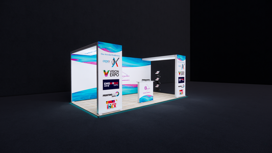 10x20 Custom Peninsula Design Booth with Double LED Arch and Branded Exhibit Counters