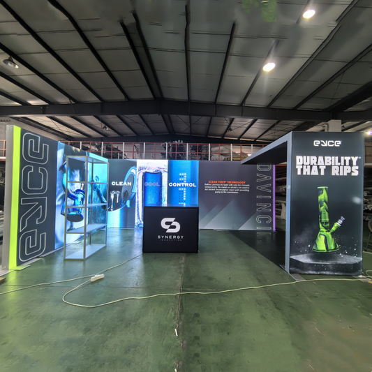 10x20 Trade Show Booth Stand with Arch Design, Fabric LED Display, Lightbox, and Shelves
