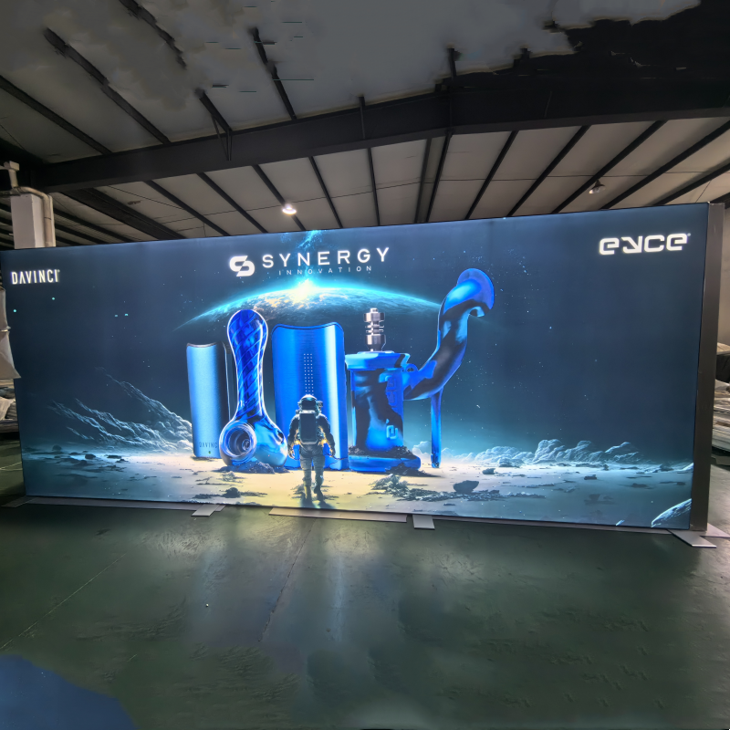 10x20 Trade Show Booth Stand with Arch Design, Fabric LED Display, Lightbox, and Shelves