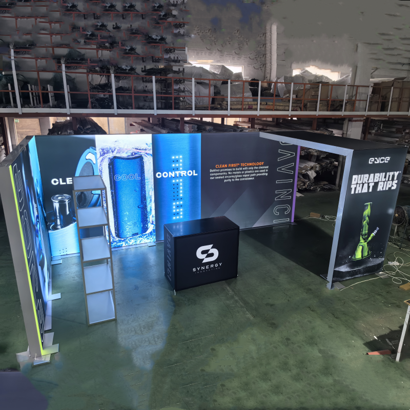 10x20 Trade Show Booth Stand with Arch Design, Fabric LED Display, Lightbox, and Shelves
