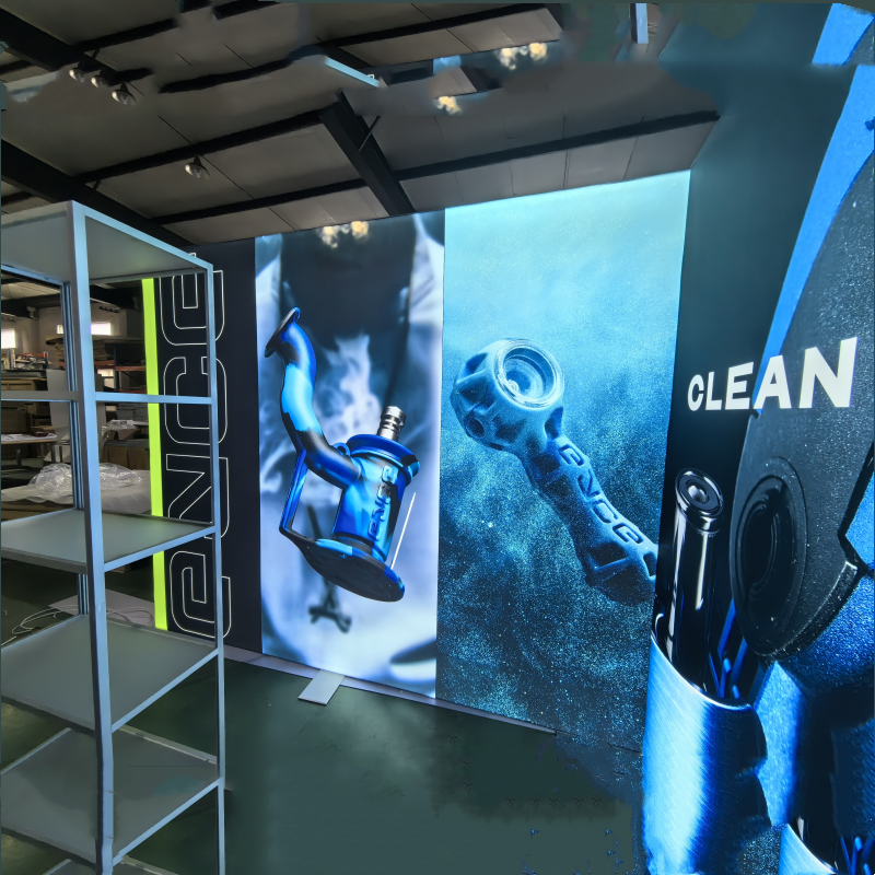 10x20 Trade Show Booth Stand with Arch Design, Fabric LED Display, Lightbox, and Shelves