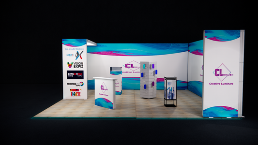 20x20 Custom Corner Type Design Booth with Easy Setup SEG Wall and Lighted Trade Show Arch