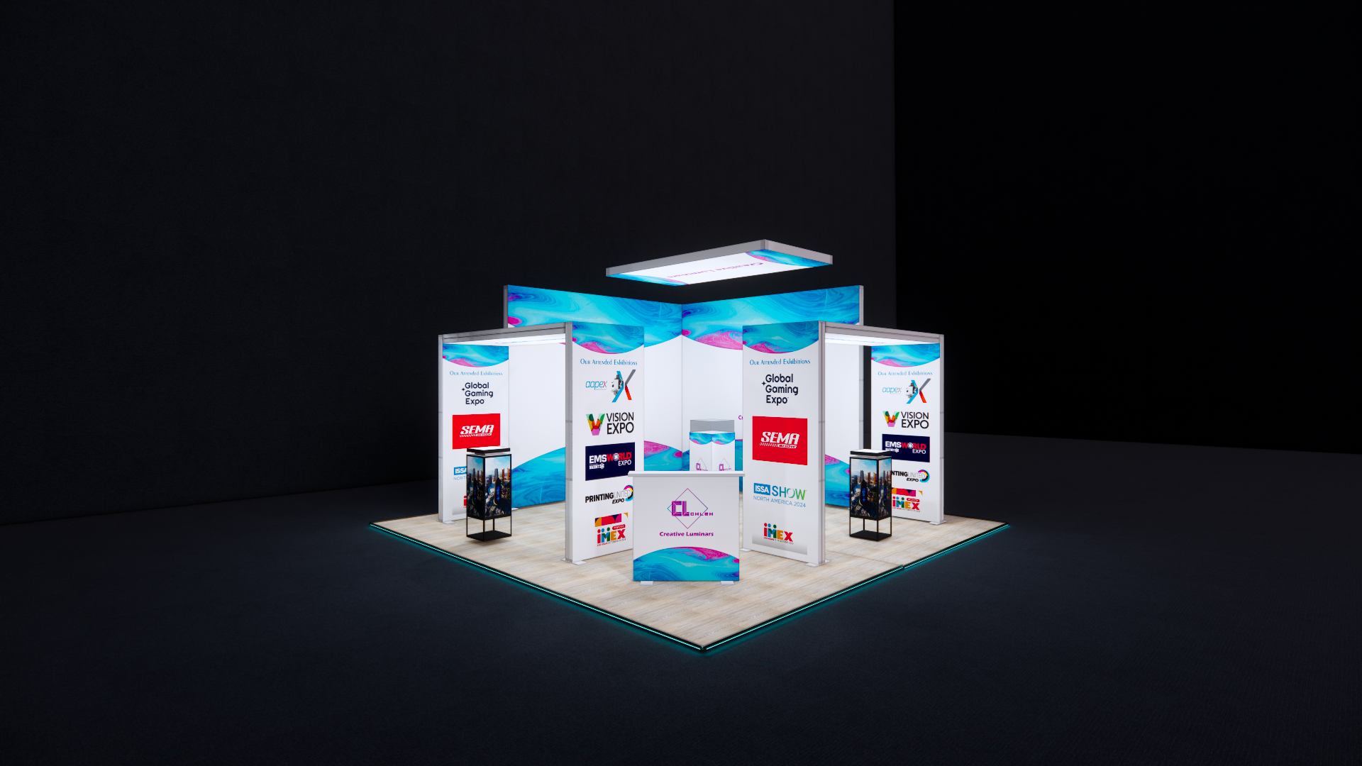 20x20 Custom Hybrid Modular Design Booth With Trade Show Illuminated Wall System and LED Arch Signage