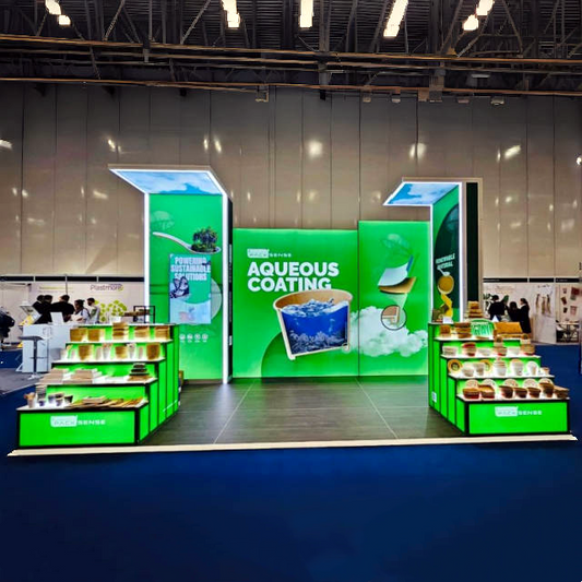 20x20 Custom Modular Hybrid Exhibit Booth Design with 3-Tier Display Table 