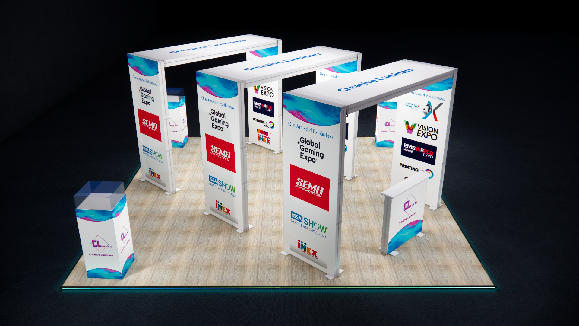 20x20 Custom Triple Arch Island Type Design Booth with LED Display Case