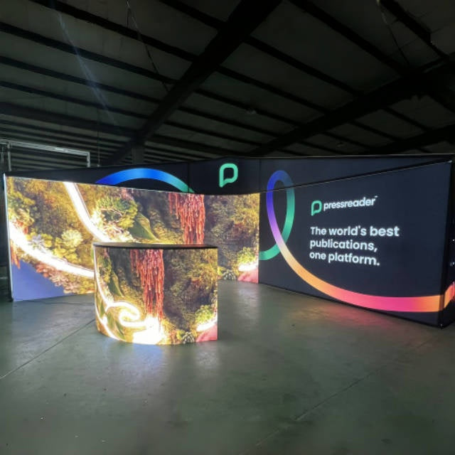 20x20 Custom Trade Show Booth Design with Curved LED Displays for Immersive Brand Experience