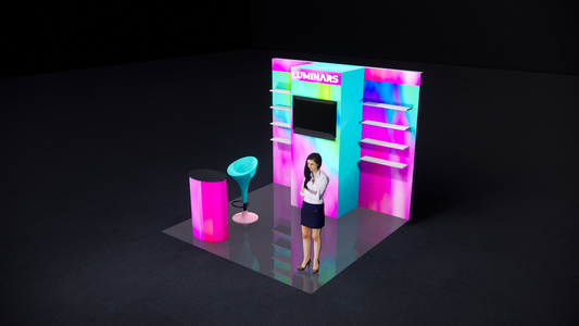 LUMINARS 10x10 Multifunctional Booth with Custom shelving & Storage Solution