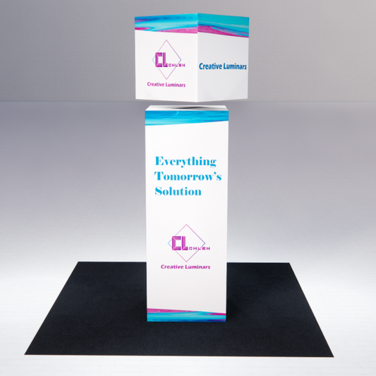 Rotating backlit trade show display tower with modern design and customizable graphics, measuring 200×220×1380mmH.