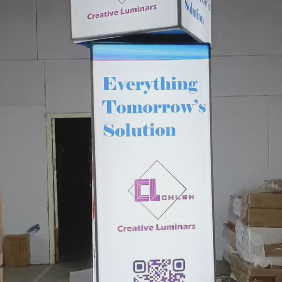 Rotating backlit trade show display tower with modern design and customizable graphics, measuring 200×220×1380mmH.